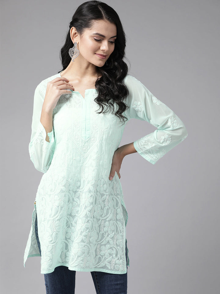 Sea Green & Off-White Georgette Lucknowi Chikankari Tunic Only