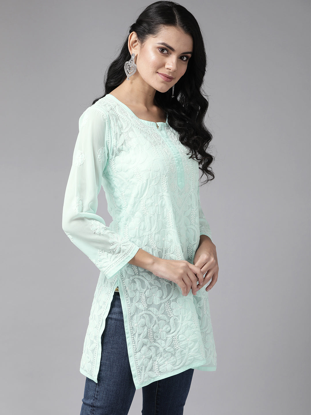 Sea Green & Off-White Georgette Lucknowi Chikankari Tunic Only