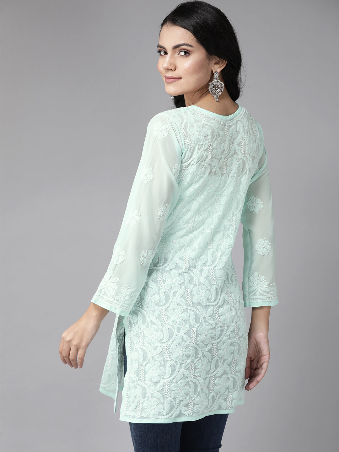 Sea Green & Off-White Georgette Lucknowi Chikankari Tunic Only