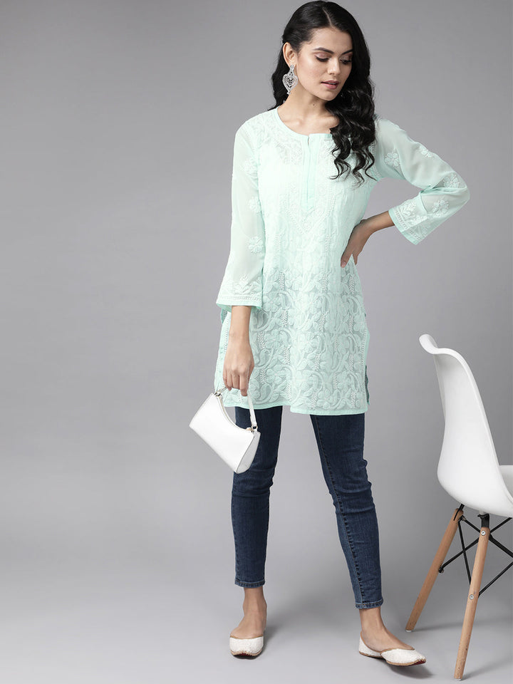 Sea Green & Off-White Georgette Lucknowi Chikankari Tunic Only