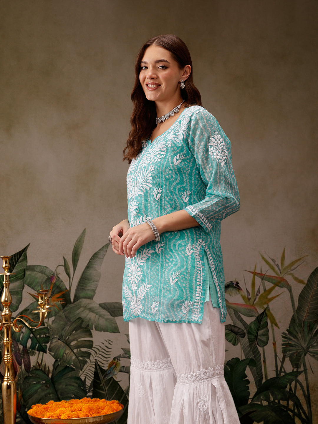 Sea Green Kota Lucknowi Chikankari Tunic With Inner Slip