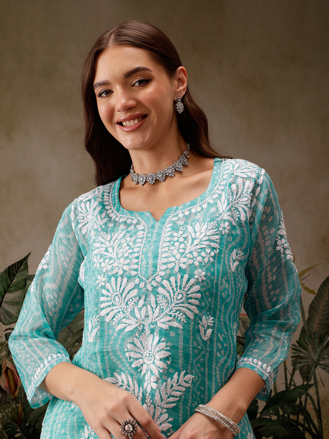 Sea Green Kota Lucknowi Chikankari Tunic With Inner Slip
