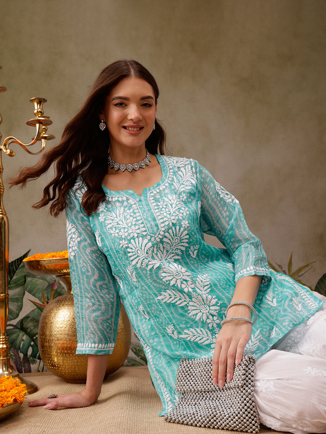 Sea Green Kota Lucknowi Chikankari Tunic With Inner Slip