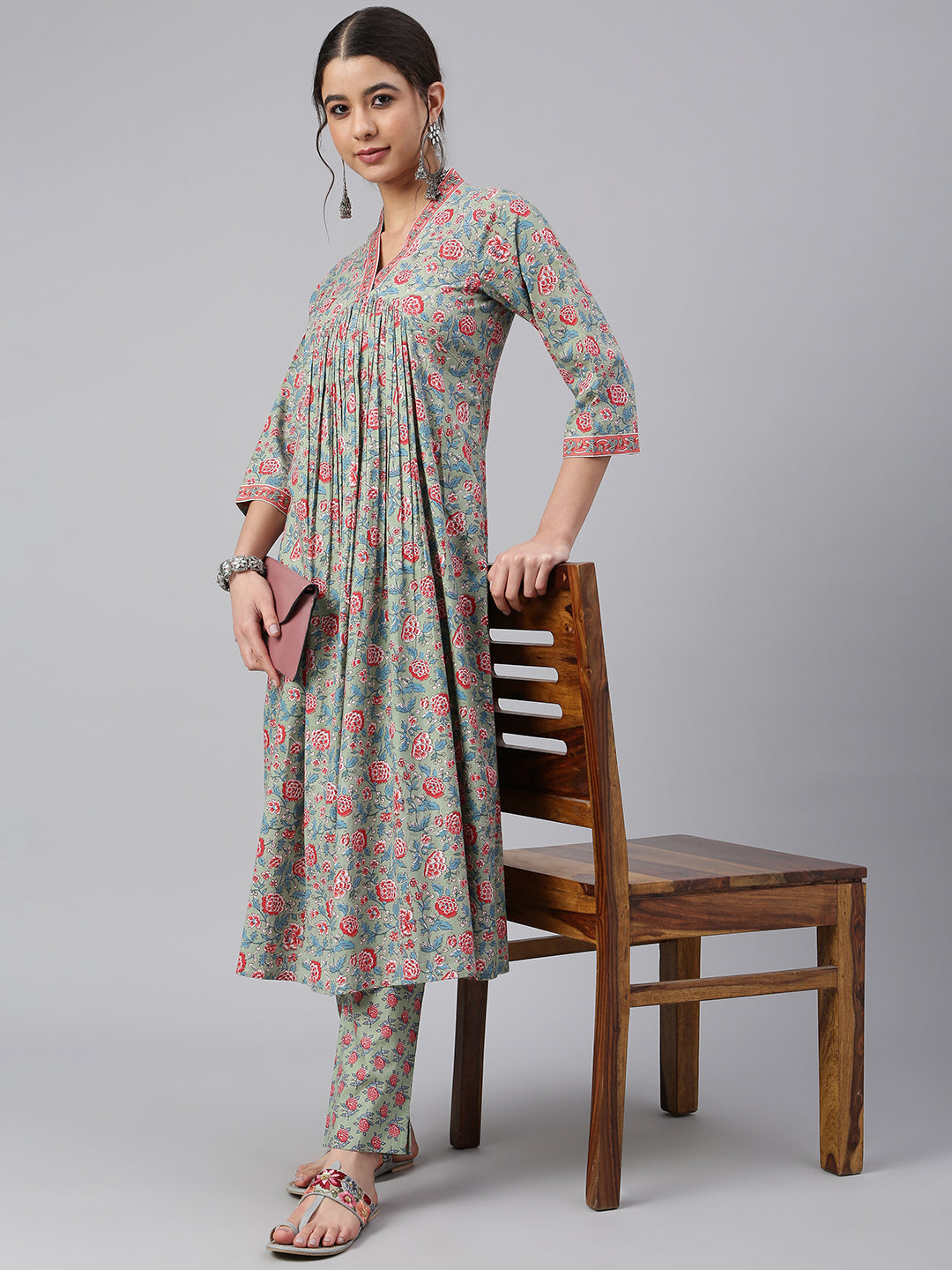 Sea Green Cotton Floral Print Kurta & Pant Set