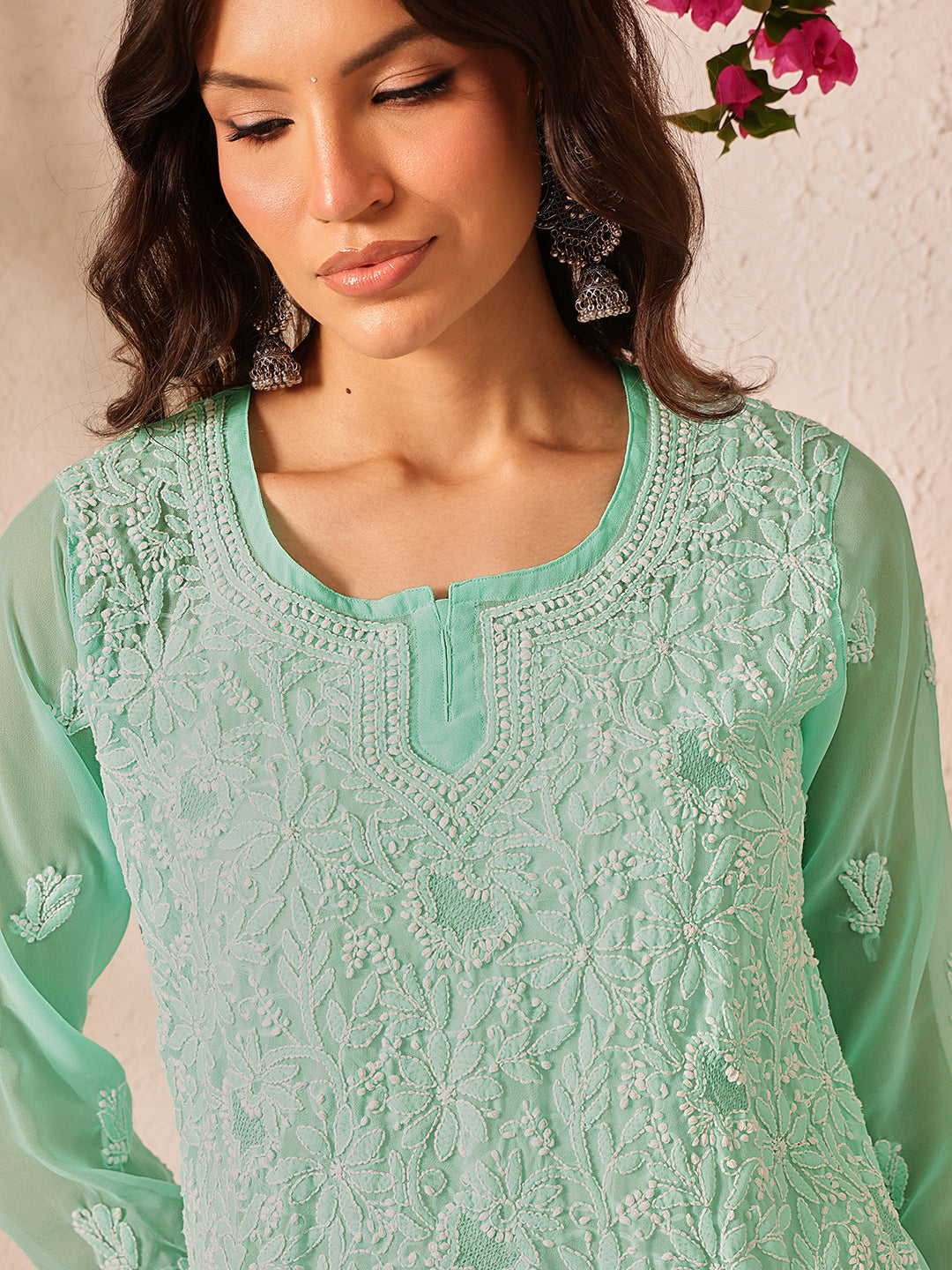 Sea-green-Poly-Georgette-Lucknowi-Chikankari-Short-Kurta-ONLY