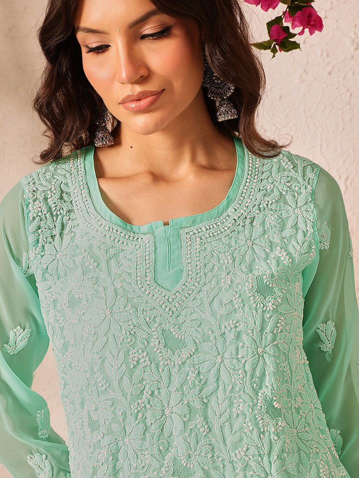 Sea-green-Poly-Georgette-Lucknowi-Chikankari-Short-Kurta-ONLY