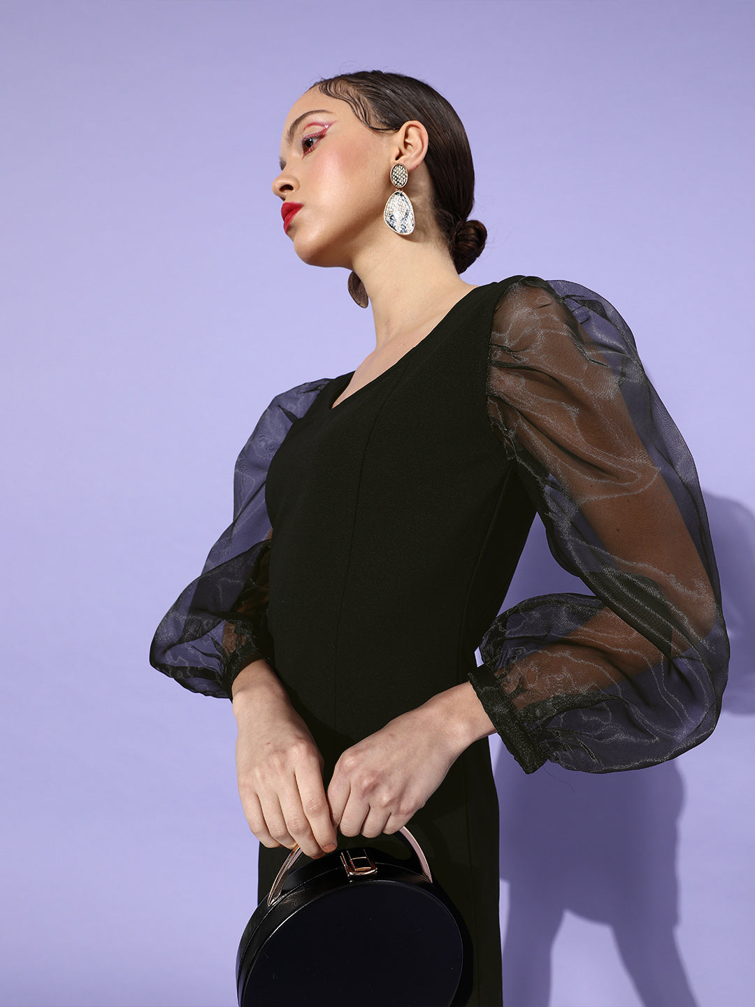 Sheer-Black-Organza-&-Polyester-Sleeve-Bodycon-Dress