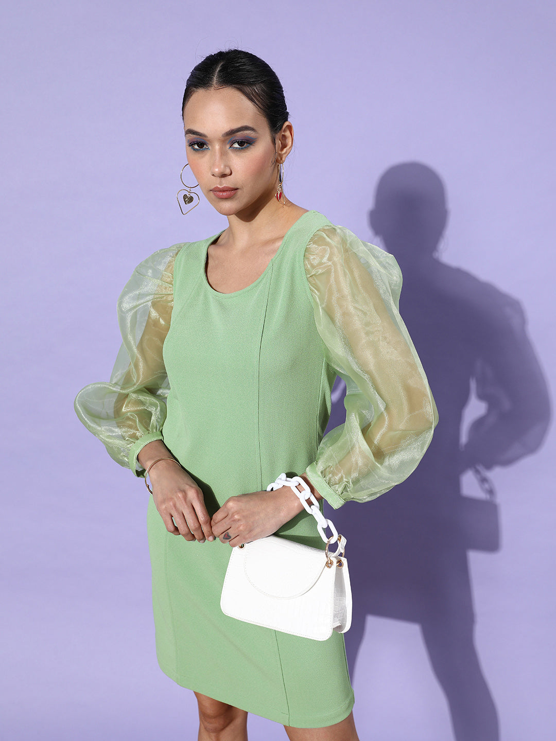 Sheer-Green-Organza-&-Polyester-Sleeve-Bodycon-Dress