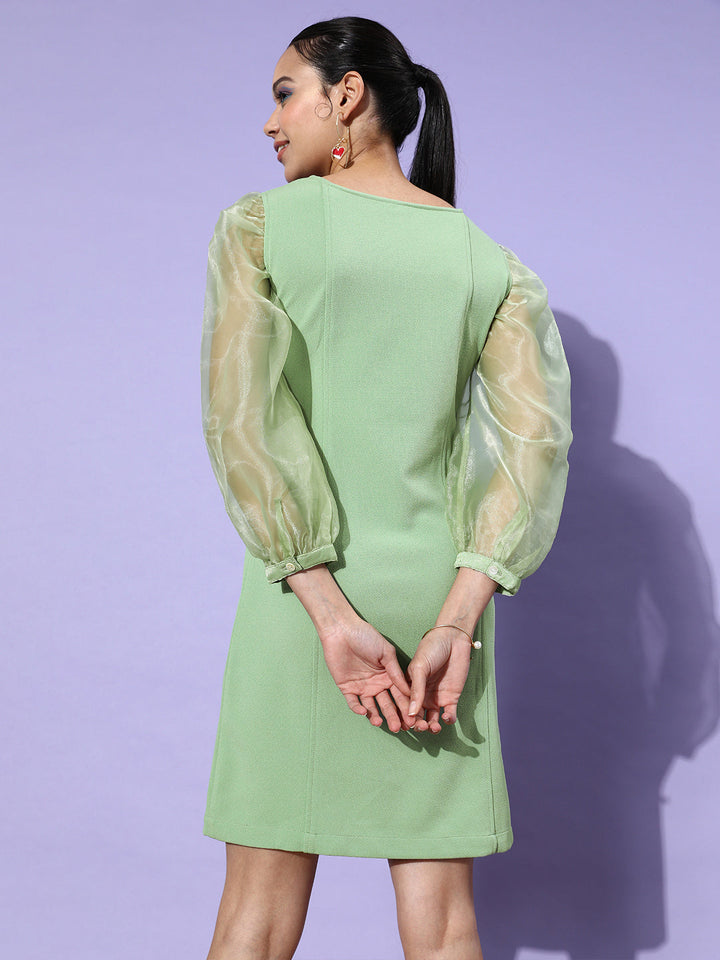 Sheer-Green-Organza-&-Polyester-Sleeve-Bodycon-Dress