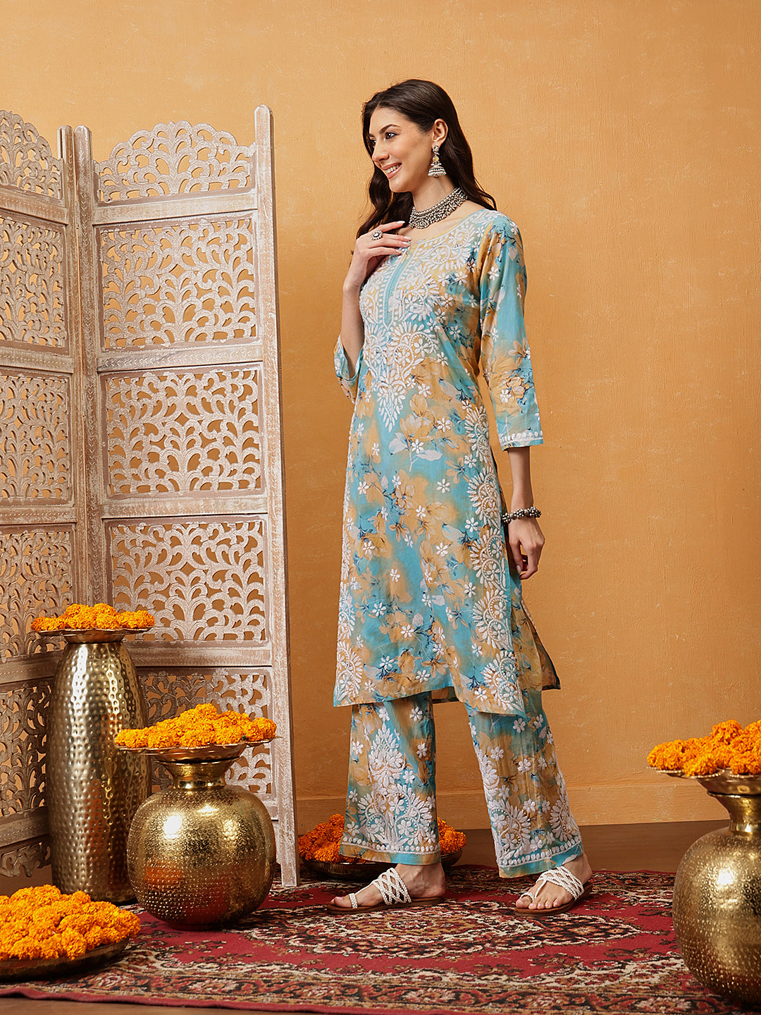 Sky-Blue-Cotton-Lucknowi-Chikankari-Printed-Kurta-Set