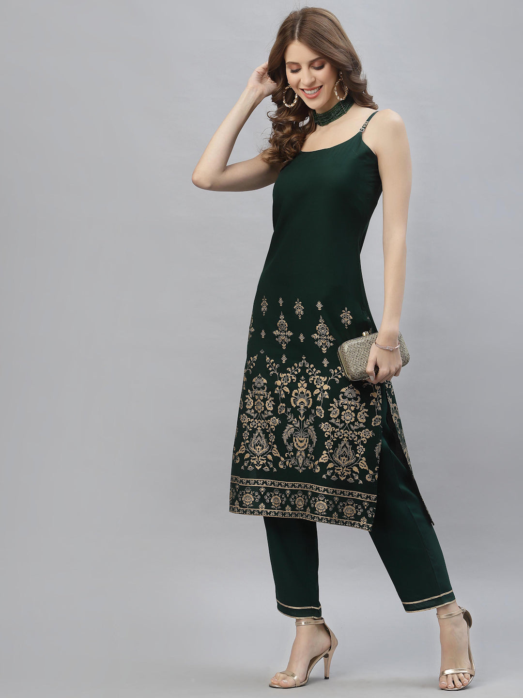 Bottle Green Rayon Printed Straight 2-Piece Kurta Set - ZERESOUQ.COM