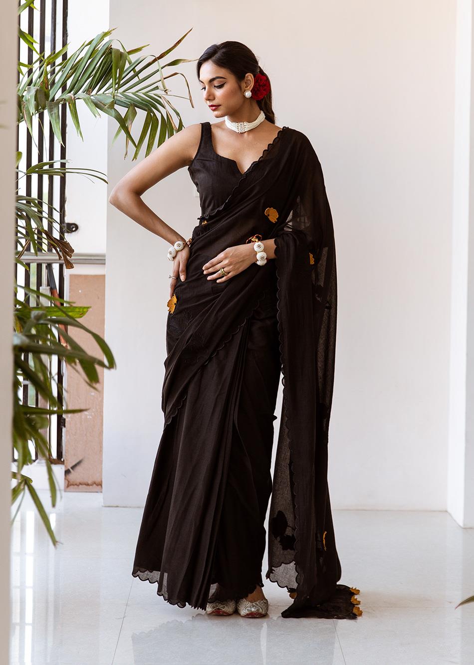 Tara-Black-Embossed-Embroidered-Pre-Draped-Saree