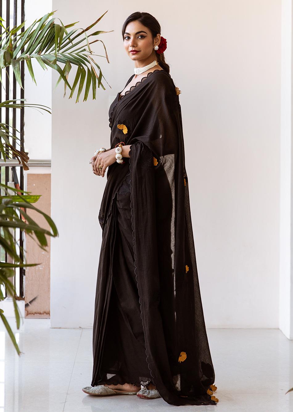 Tara-Black-Embossed-Embroidered-Pre-Draped-Saree