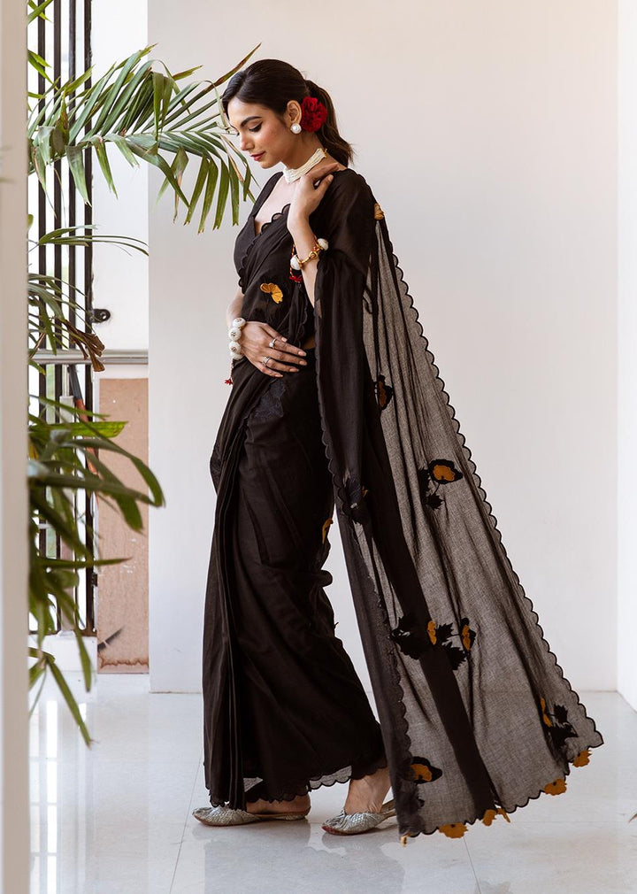 Tara-Black-Embossed-Embroidered-Pre-Draped-Saree