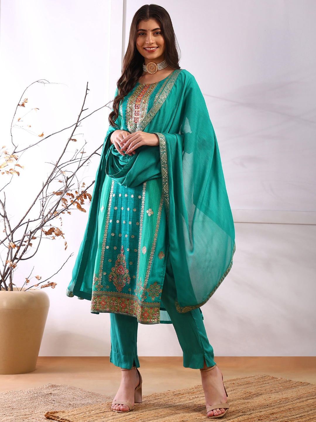 ZERESOUQ-Teal-Organza-Abstract-Woven-Design-3-Piece-Kurta-Set