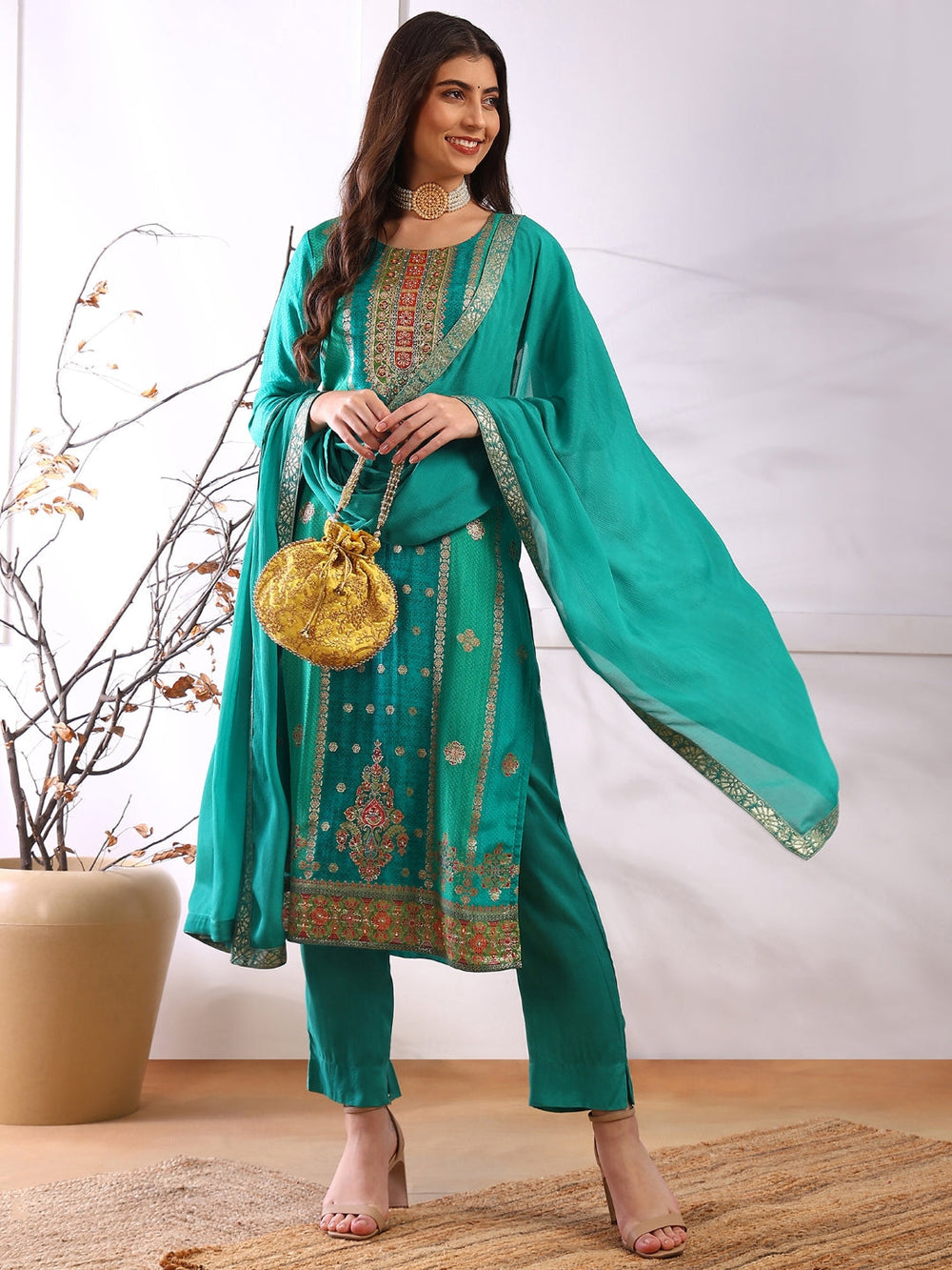 ZERESOUQ-Teal-Organza-Abstract-Woven-Design-3-Piece-Kurta-Set