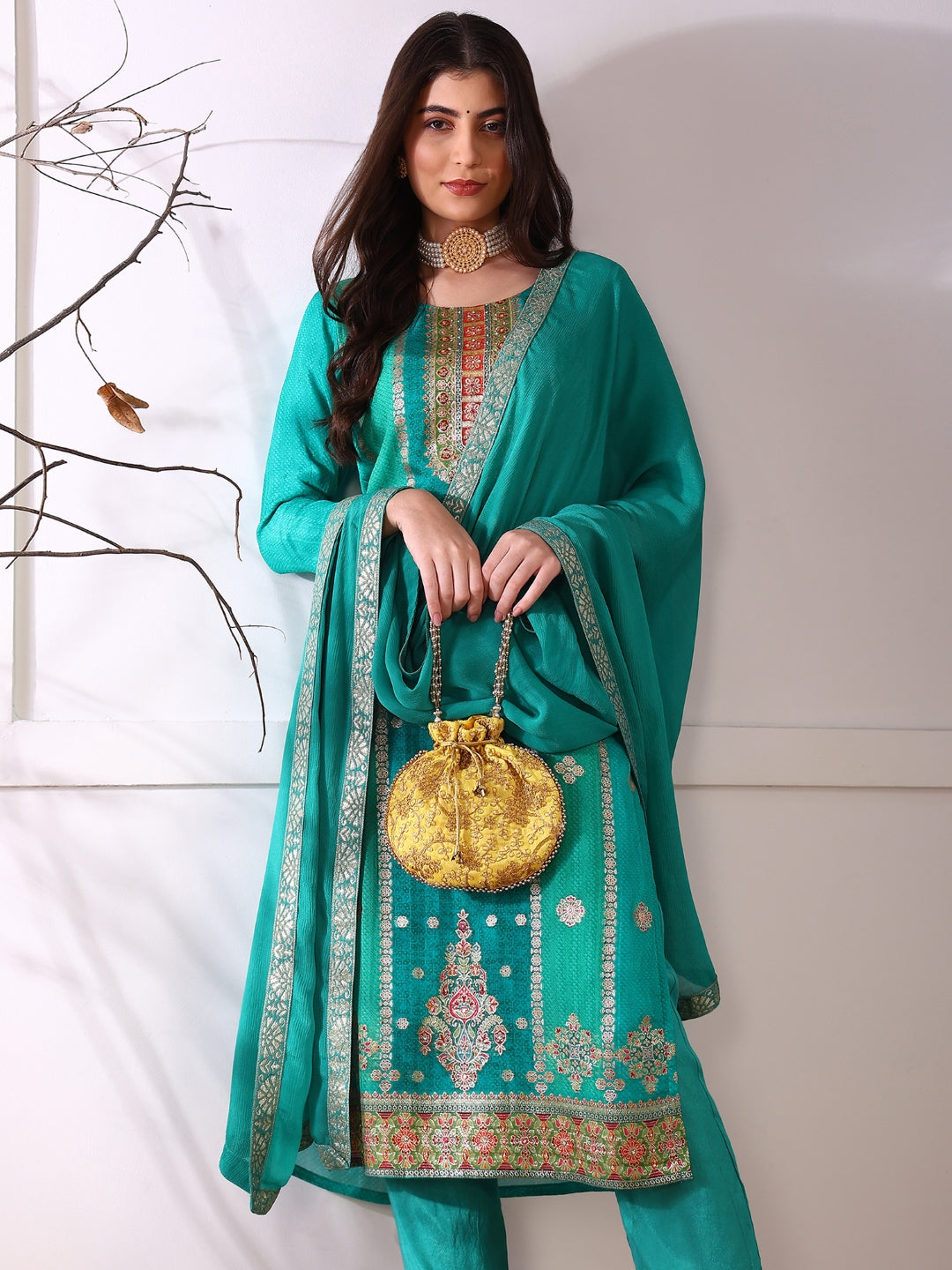 ZERESOUQ-Teal-Organza-Abstract-Woven-Design-3-Piece-Kurta-Set