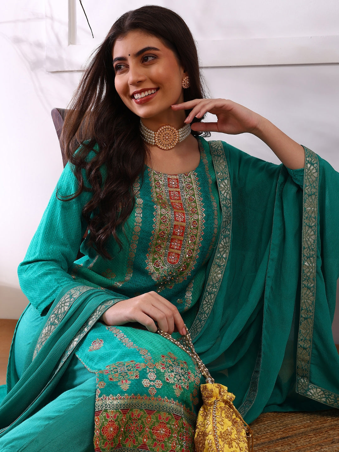 ZERESOUQ-Teal-Organza-Abstract-Woven-Design-3-Piece-Kurta-Set