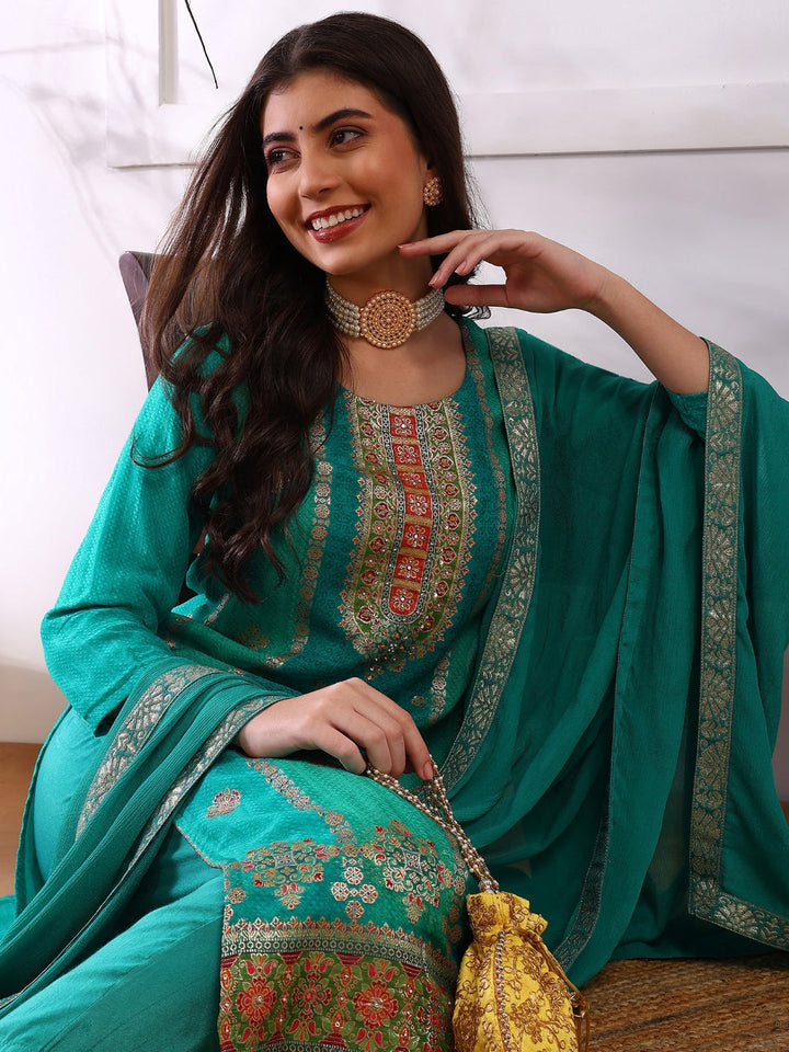 ZERESOUQ-Teal-Organza-Abstract-Woven-Design-3-Piece-Kurta-Set