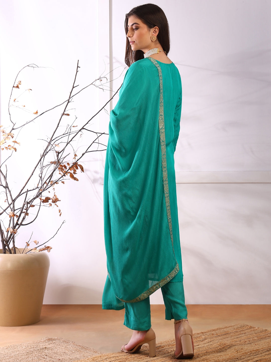 ZERESOUQ-Teal-Organza-Abstract-Woven-Design-3-Piece-Kurta-Set