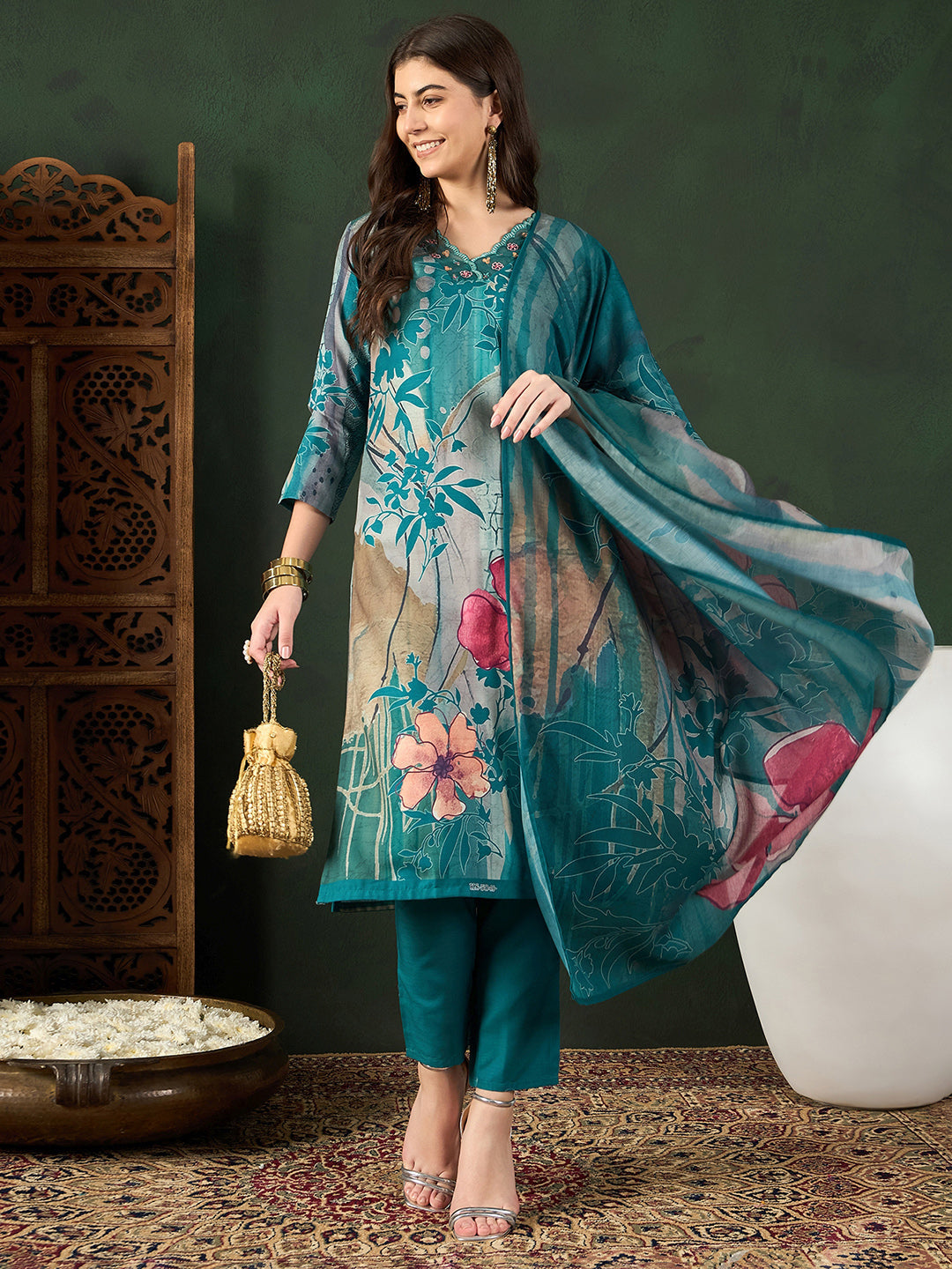ZERESOUQ-Teal-Silk-Blend-Floral-Printed-3-Piece-Kurta-Set