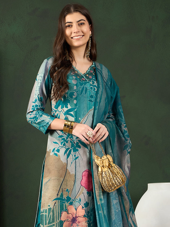 ZERESOUQ-Teal-Silk-Blend-Floral-Printed-3-Piece-Kurta-Set