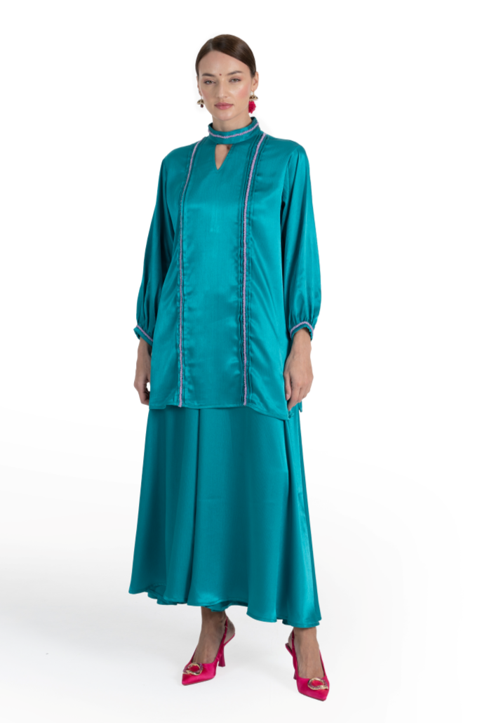Teal Crinkle Satin Taranga Kurta & Pant Set