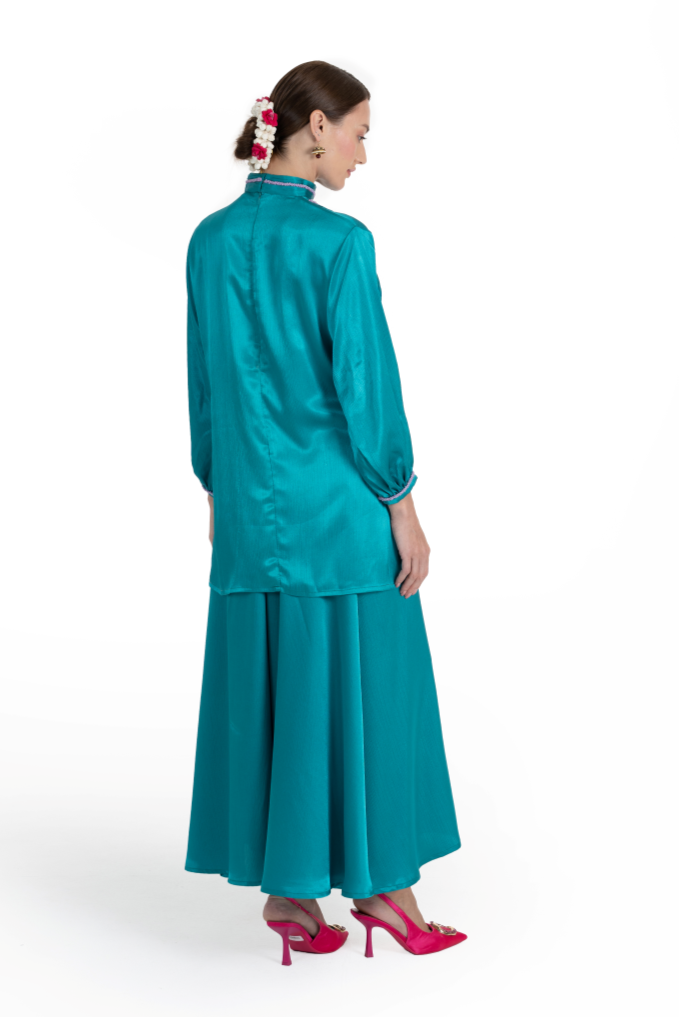 Teal Crinkle Satin Taranga Kurta & Pant Set