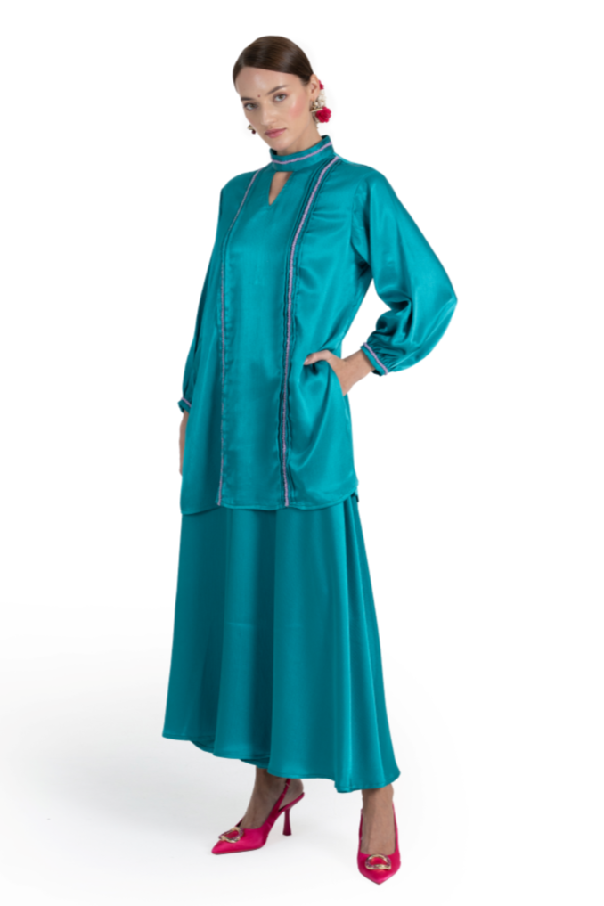 Teal Crinkle Satin Taranga Kurta & Pant Set
