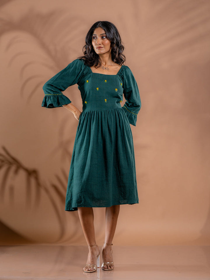 Teal-Green-Cotton-Flared-Midi-Dress