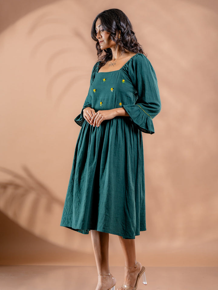 Teal-Green-Cotton-Flared-Midi-Dress