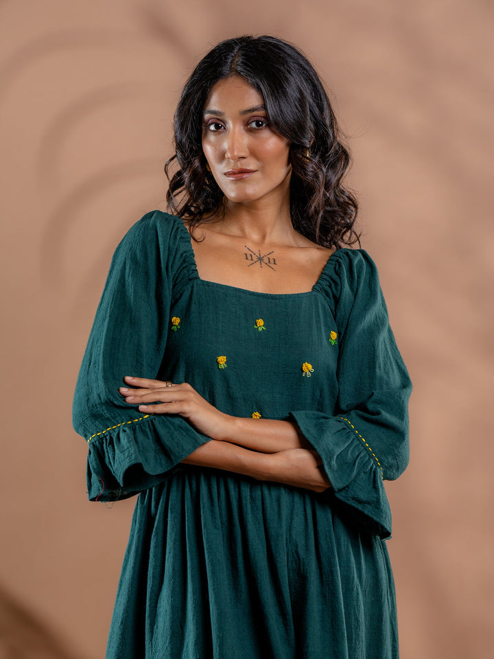 Teal-Green-Cotton-Flared-Midi-Dress