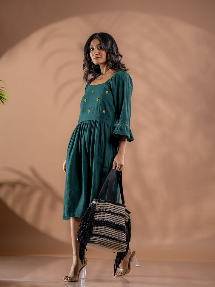 Teal-Green-Cotton-Flared-Midi-Dress
