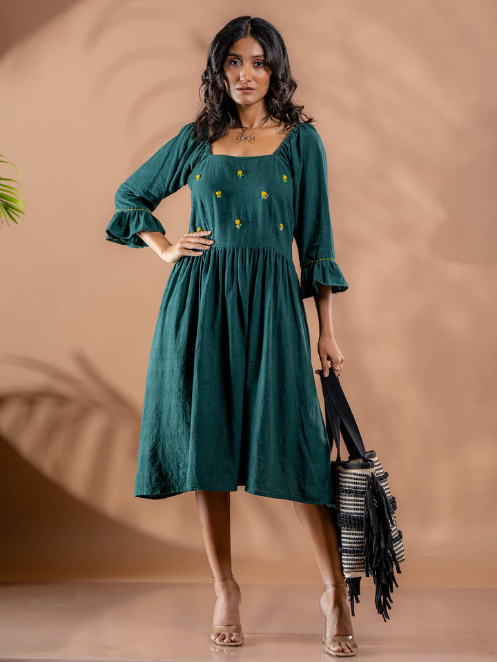 Teal-Green-Cotton-Flared-Midi-Dress