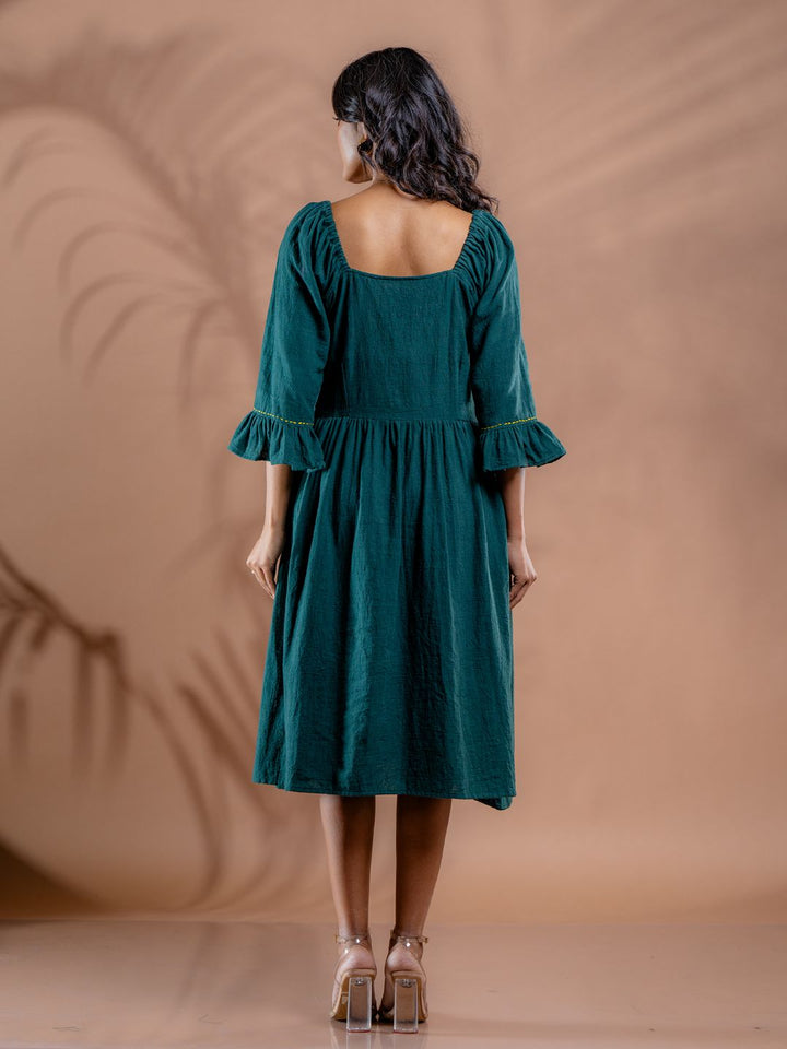 Teal-Green-Cotton-Flared-Midi-Dress