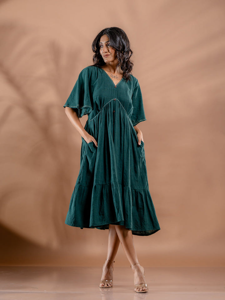 Teal-Green-Cotton-Gathered-Midi-Dress