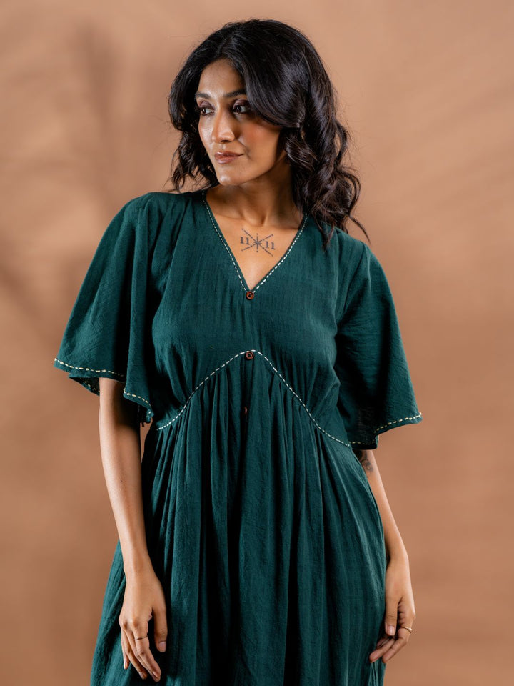 Teal-Green-Cotton-Gathered-Midi-Dress