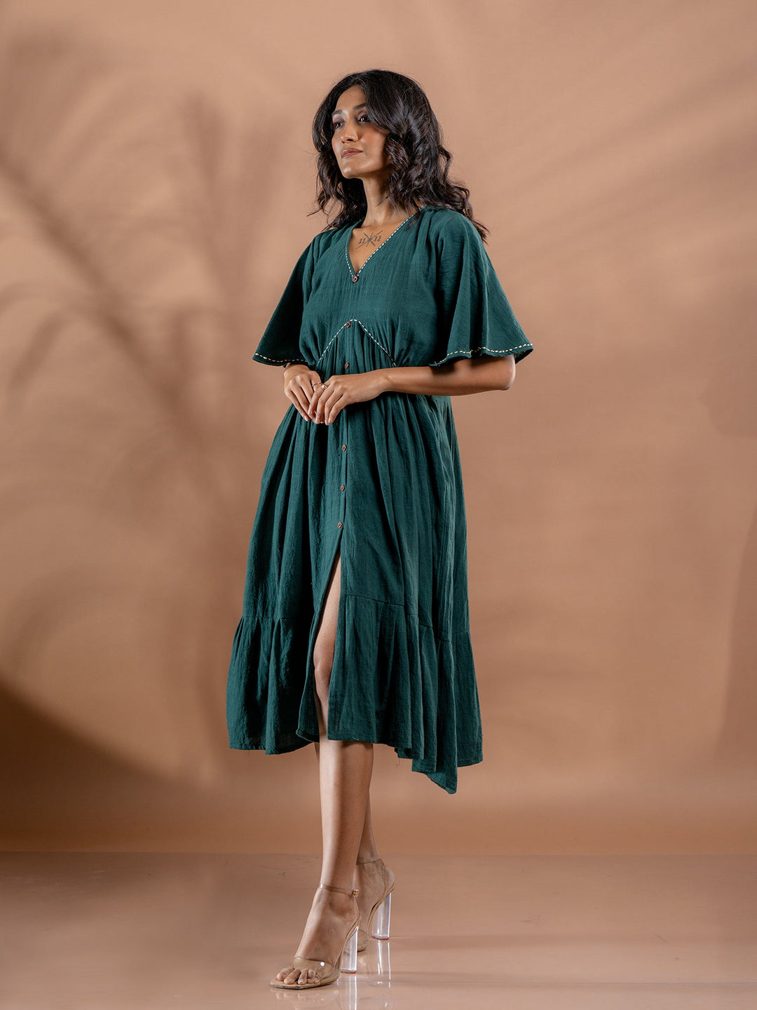 Teal-Green-Cotton-Gathered-Midi-Dress