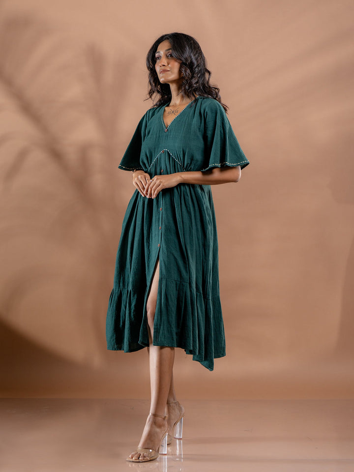 Teal-Green-Cotton-Gathered-Midi-Dress
