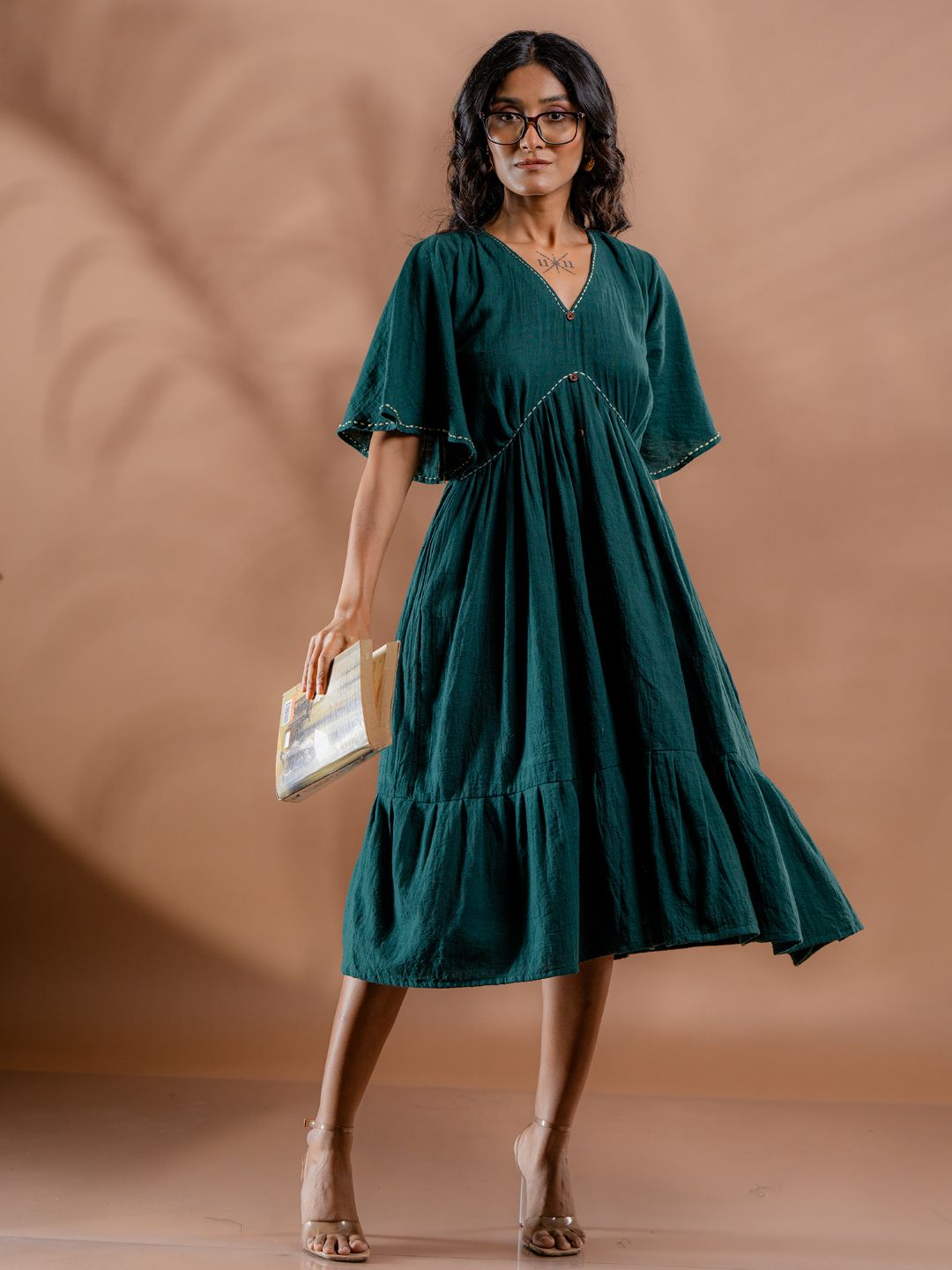 Teal-Green-Cotton-Gathered-Midi-Dress