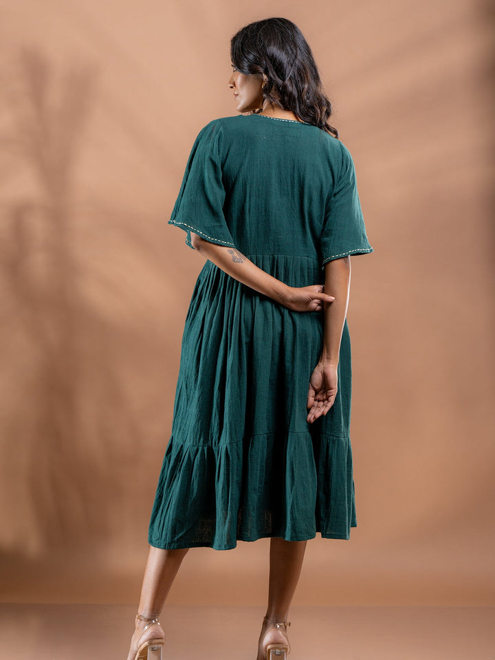 Teal-Green-Cotton-Gathered-Midi-Dress