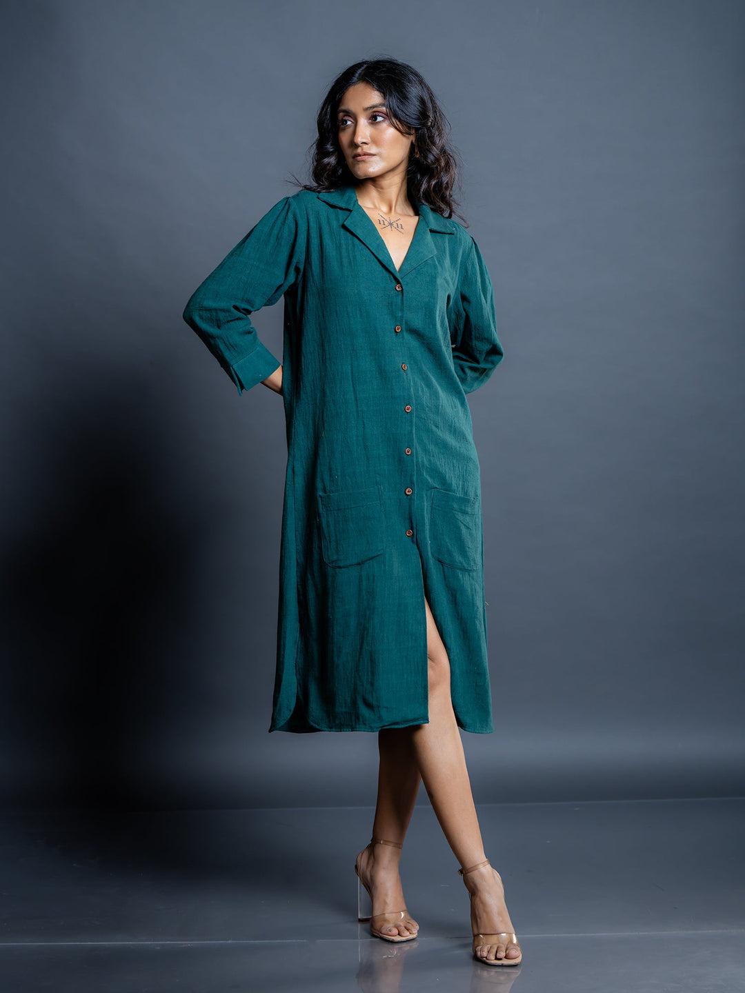 Teal-Green-Cotton-Shirt-Style-Midi-Dress