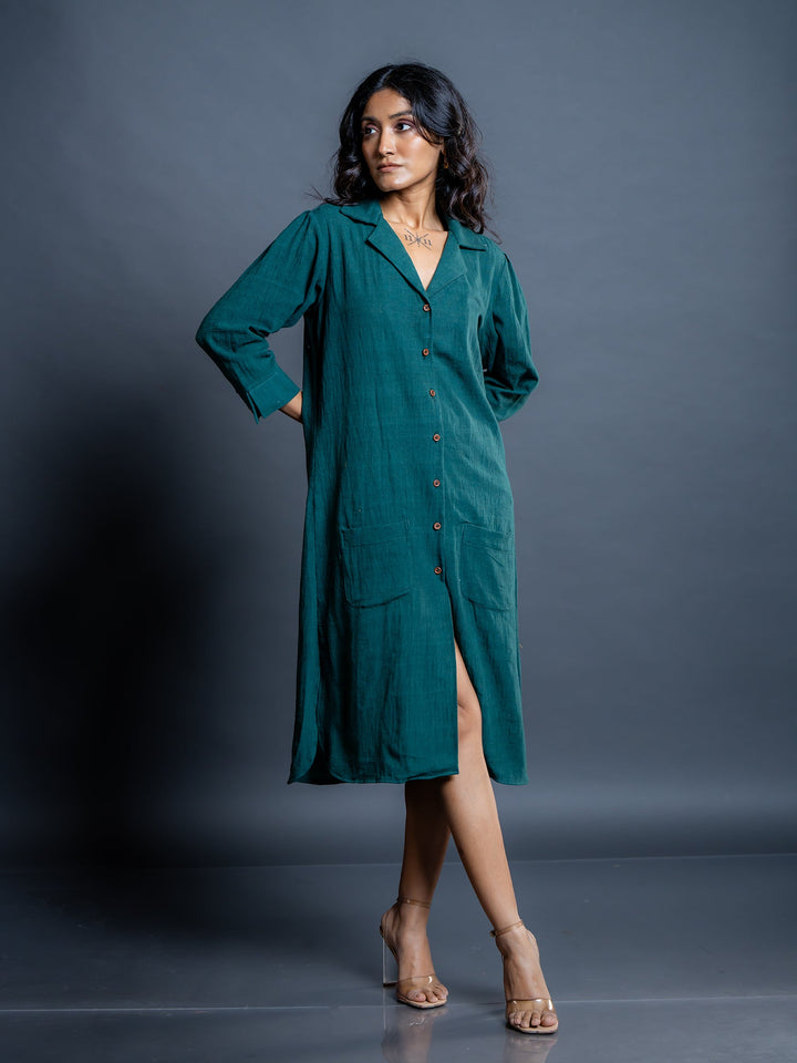 Teal-Green-Cotton-Shirt-Style-Midi-Dress