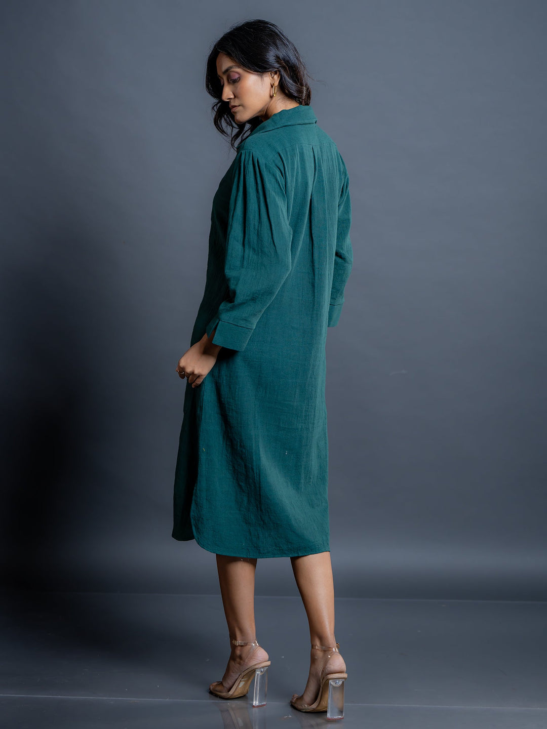 Teal-Green-Cotton-Shirt-Style-Midi-Dress