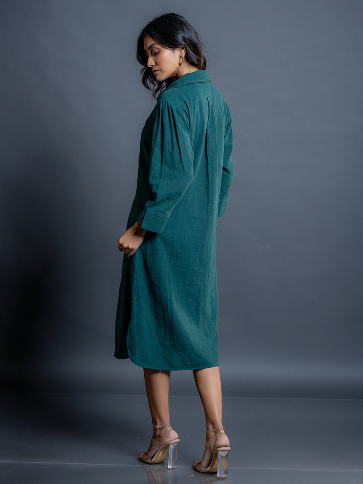 Teal-Green-Cotton-Shirt-Style-Midi-Dress