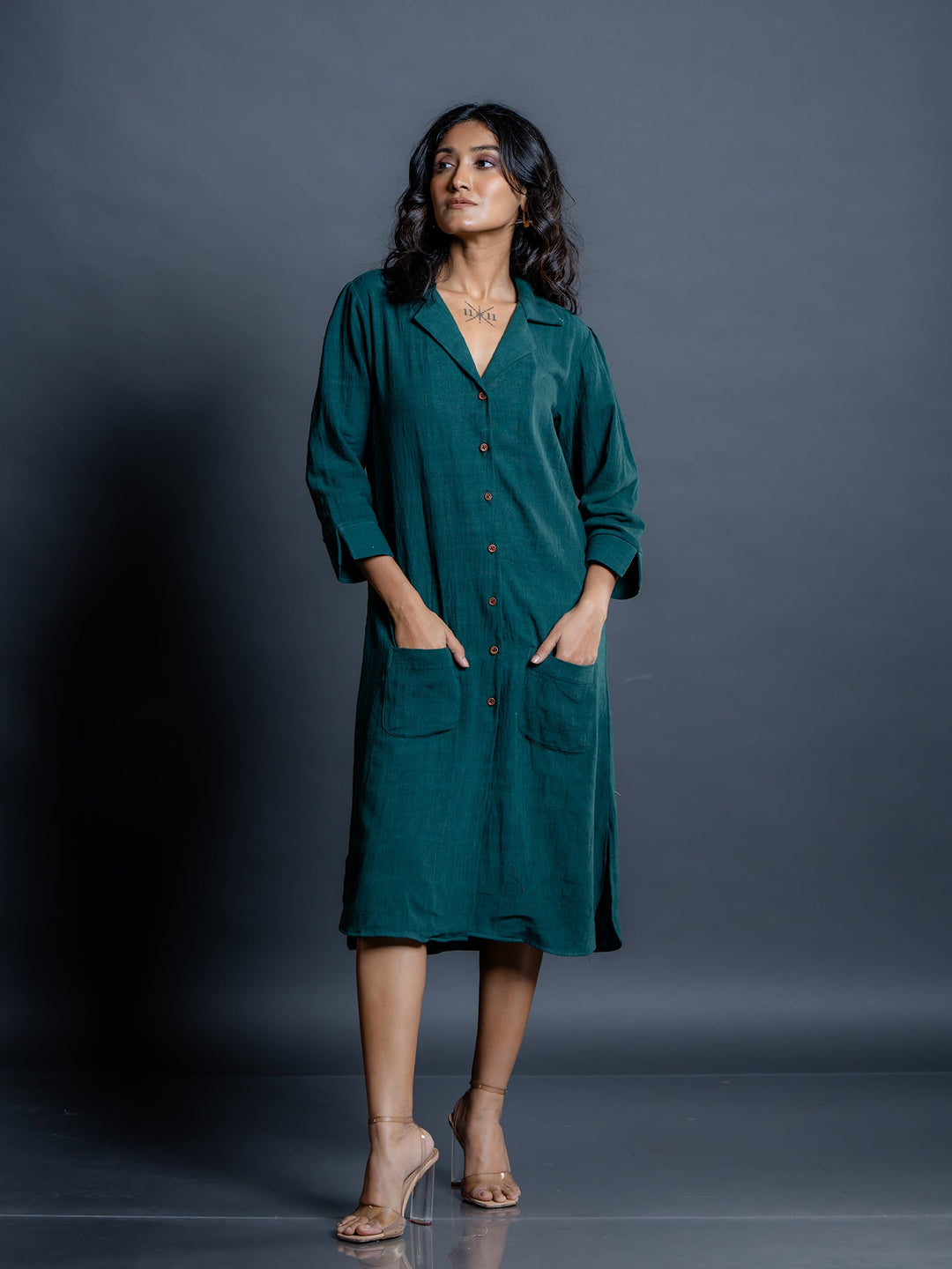 Teal-Green-Cotton-Shirt-Style-Midi-Dress