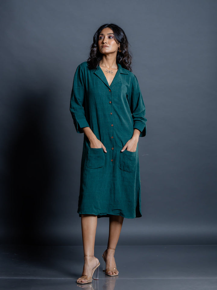 Teal-Green-Cotton-Shirt-Style-Midi-Dress