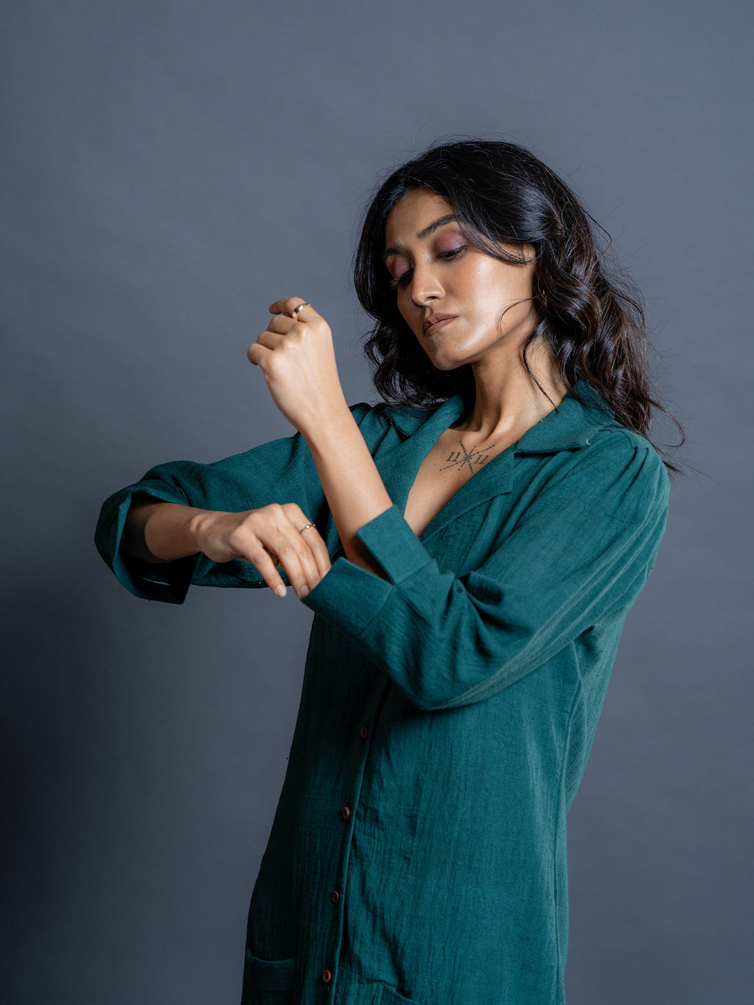 Teal-Green-Cotton-Shirt-Style-Midi-Dress