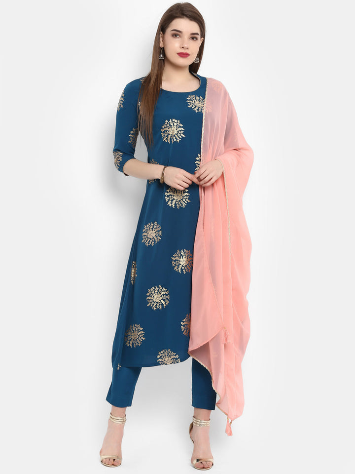 Teal Poly Crepe Golden Print Kurta Set