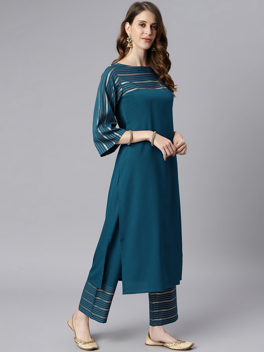 Teal Poly Crepe Striped Kurta & Pant Set